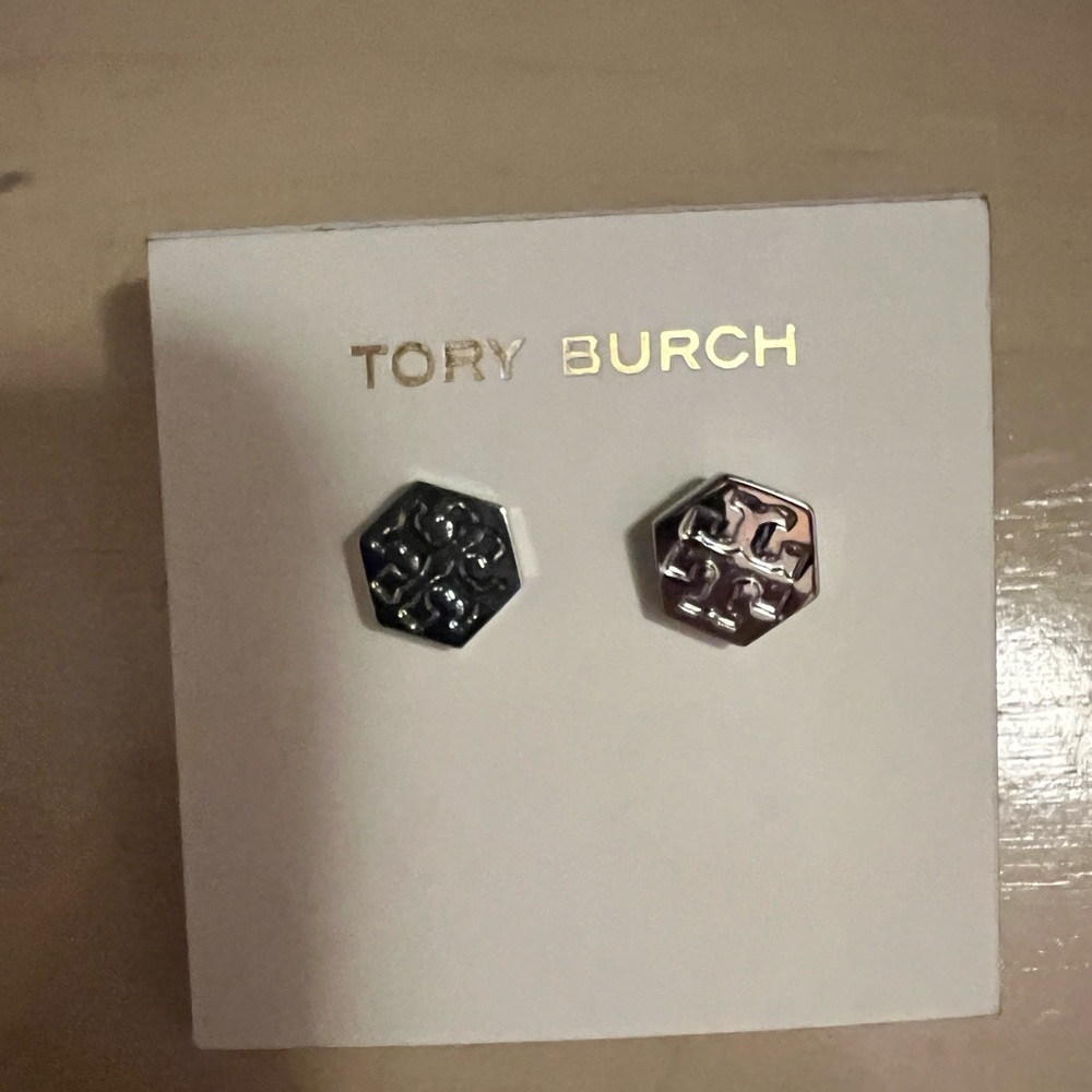 Tory Burch Hexagon Logo Stud Earring